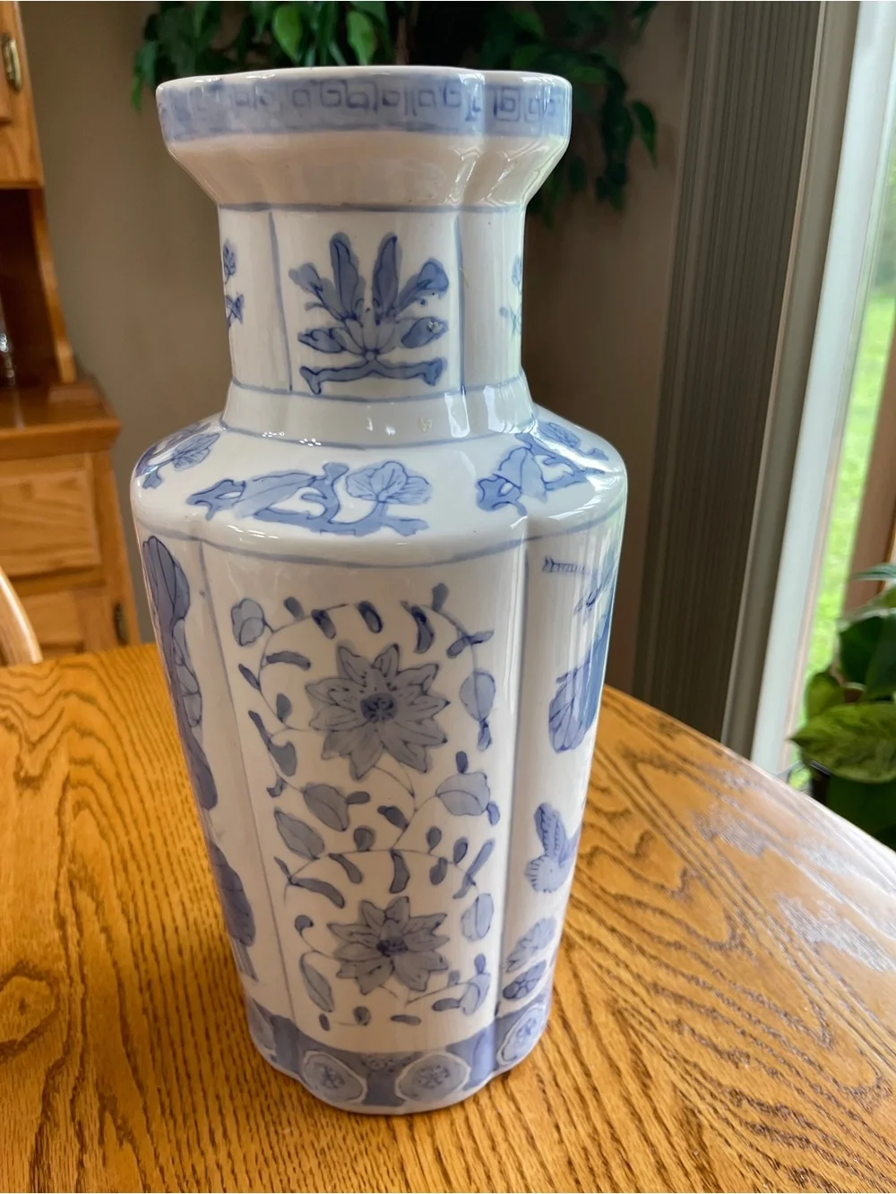Vintage Mid-Century Asian Inspired 14” Vase 4 Lobed Sides Birds Lotus Floral